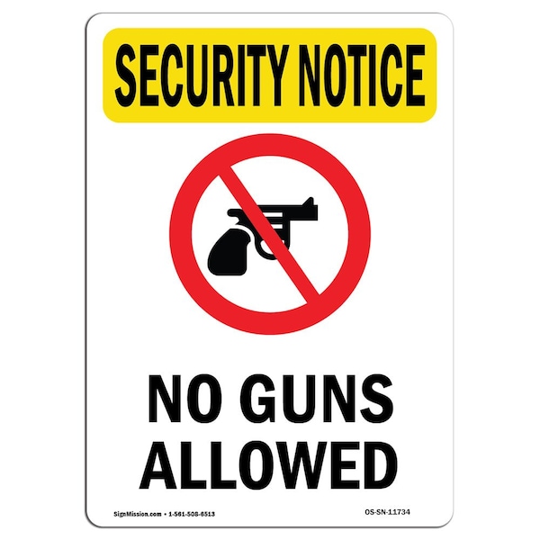 OSHA Security Sign, 5" H, 3.5" W, No Guns Allowed, Portrait, SN-D-35-V-11734-10PK